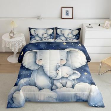 Imagem de Feelyou Conjunto de edredom de elefante, tamanho Queen, com tema animal, desenho animado, elefante, azul celeste, conjunto de edredom para decoração de quarto pequeno