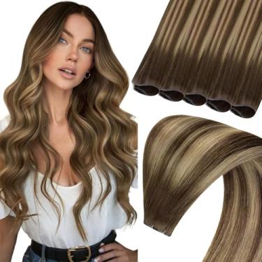 Imagem de Sunny Hair Extensões De Cabelo Humano Com Trama Genius De 24 Polegadas, Balayage, Costurado Em Extensões De Cabelo, Cabelo Humano Natural, Castanho Médio, Loiro Caramelo Misto, Extensões De Cabelo