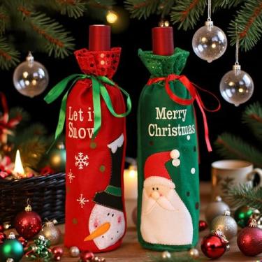 Imagem de 2 peças de capa de garrafa de vinho de Natal vermelho verde suéter com glitter boneco de neve design de Papai Noel garrafas de Natal vestido para decoração de festa de inverno e ano novo