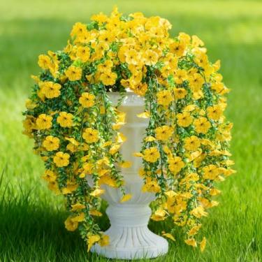 Imagem de BLISOUL 2 peças de flores artificiais de outono para decoração ao ar livre, margarida amarela realista de seda sintética com eucalipto, mães falsas resistentes a UV para decoração de casa de outono