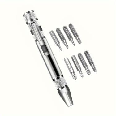 Imagem de 1 conjunto de chaves de fenda 8 em 1 multiferramentas de precisão de liga de alumínio, kit de reparo portátil para eletrônicos, relógios, óculos, faça você mesmo, prateado