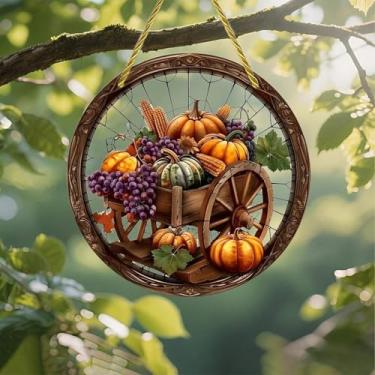 Imagem de Suncatcher acrílico colorido, carroça de colheita de outono, janela suspensa de 18 cm, decoração de arte de parede com design de vitral impresso, ideia de presente e ornamento de jardim, uso interno e