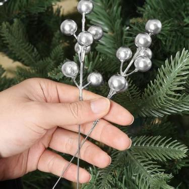 Imagem de Conjunto de 5 peças/conjunto de galhos artificiais de bagas de azevinho artificiais de Natal decalque festivo plantas falsas enfeites de árvore de Natal prata 8,5 x 4,5 x 0,7 cm