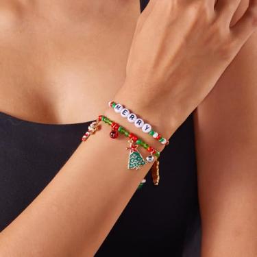 Imagem de Pulseiras de Natal empilhadas com berloques para mulheres, miçangas, pulseiras de batida, joias, decorações de árvore de Natal, presentes, acessórios