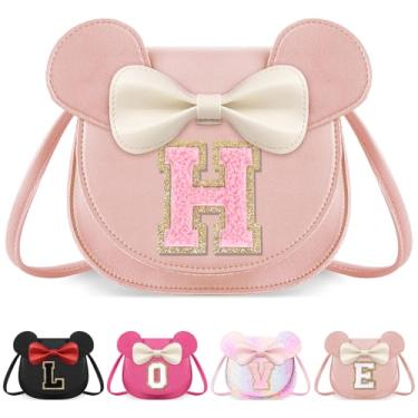 Imagem de izuzta Bolsa infantil para crianças 1 2 3 4 5 6 7 8 anos de idade bonito mouse orelha laço bolsa transversal presente de aniversário, Grande/bolsa rosa/letra rosa, H, H