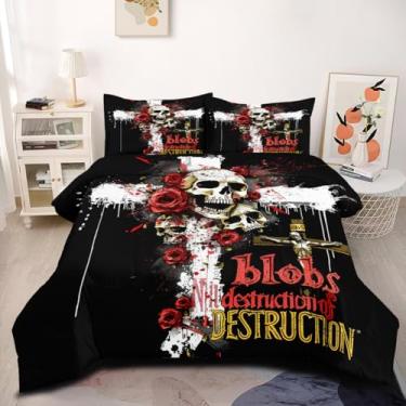 Imagem de CCoutueChen Conjunto de edredom de caveira gótica preta, tamanho king, cruz óssea, para decoração de quarto, 3 peças, colcha de microfibra macia que não irrita a pele com 2 fronhas