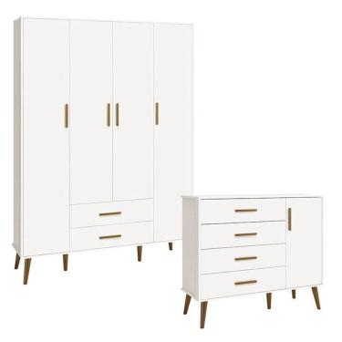 Imagem de Cômoda com Porta e Guarda Roupa Infantil 4 Portas Isis Branco Acetinado - Reller