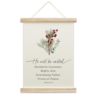 Imagem de HEZNZXQ Enfeite de parede de bagas de pinheiro de Natal, versículos bíblicos, arte de parede cristã para estética de quarto, moldura de pôster de folhas verdes, ele será chamado de banner de pendurar