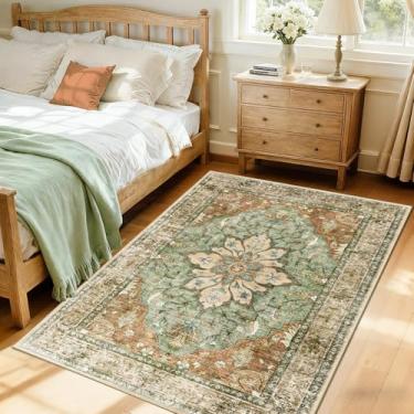 Imagem de RELEANY Area Rugs 1,2 m x 1,8 m lavável aspirador de pó, antiderrapante, estampa floral vintage tapete medalhão para sala de estar quarto tijolo vermelho ferrugem marrom neutro laranja verde queimado