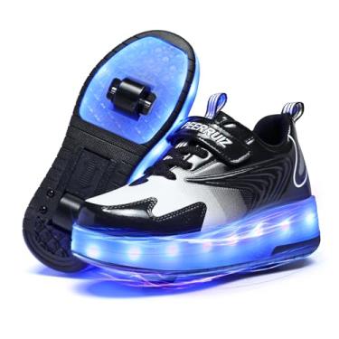 Imagem de Yogeeft Tênis infantil com roda para presentes – Tênis retrátil de LED 2 rodas para crianças, para presentes de Natal e aniversário, H - preto, 16