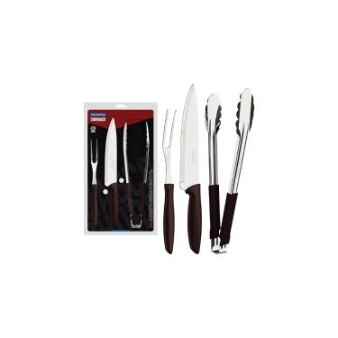 Imagem de Kit Churrasco Profissional com 3 Peças, Faca, Chaira e Garfo Trinchante em Aço Inox, Cabo Branco, 30cm, para Uso Doméstico e Profissional