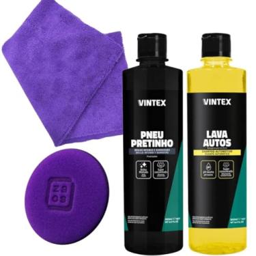 Imagem de Vonixx Kit de Limpeza Automotiva Premium, Shampoo pH Neutro Lava autos 500ml, Protetor para Pneus PNEU PRETINHO 500ml, Espuma Aplicadora 95x20mm, Toalha Microfibra 40x40cm, 4 Peças