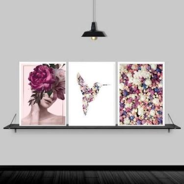 Imagem de Quadros Mulher Flor E Beija Flor Moldura Preta 45X34Cm 3Un - Quadros O