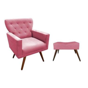Imagem de Kit Poltrona Decorativa Aurora + 1 Puff Retangular Suede Rosa Pés Made