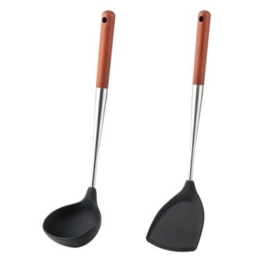 Imagem de FJNATINH Conjunto de concha de espátula de silicone – Aço inoxidável sem BPA, antiaderente, resistente ao calor, utensílios de cozinha com cabo de madeira, 2 peças