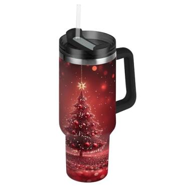 Imagem de Blueangle Copo de bolas vermelhas de Natal de 1,134 g com alça e tampa de palha, caneca de viagem de aço inoxidável isolada a vácuo de parede dupla, garrafa de água reutilizável para academia de