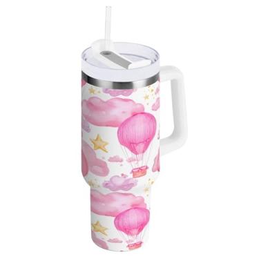 Imagem de Blueangle Copo isolado de 850 g com alça e tampa de canudo - Caneca de viagem de aço inoxidável à prova de vazamento, balão de ar quente a vácuo de parede dupla garrafa de água (456)