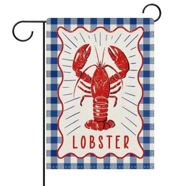 Imagem de Dyrenson Bandeira decorativa de jardim lagosta, lagostim costeiro frutos do mar festa azul búfalo xadrez xadrez quintal fora decoração de casa, serapilheira de verão ao ar livre pequena decoração