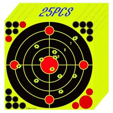 Imagem de NYEONHRT Alvo de respingo de tiro de 30,5 cm x 30,5 cm para o alcance, 25 peças de adesivos autoadesivos de papel de alvo de tiro com feedback de impacto amarelo para acessórios de rifle de tiro com
