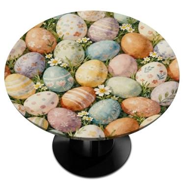 Imagem de Bardic Toalha de mesa redonda com bordas elásticas, ovos de páscoa à prova d'água para ambientes externos, ambientes internos e pátios, cozinha – serve para mesas de 91 a 106 cm de diâmetro