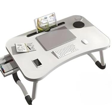 Imagem de Portátil Mesa Dobrável Articulada em Mdf Suporte para Laptop Cama Estudo Porta Tablet Para Notebook(Off Wihte + Gaveta)