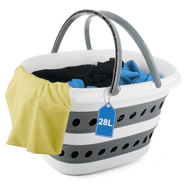 Imagem de Cesto de roupa suja dobrável de 28L com alça, cesto de roupas dobrável, cesto de plástico para armazenamento, cesto pop-up para roupas sujas, recipiente de armazenamento portátil, acampamento ao ar