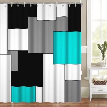 Imagem de Cortina de chuveiro de tecido azul-petróleo moderna minimalista geométrica neutra decoração abstrato preto e branco cinza geométrico cruz quadriculada impermeável poliéster cortinas de chuveiro com