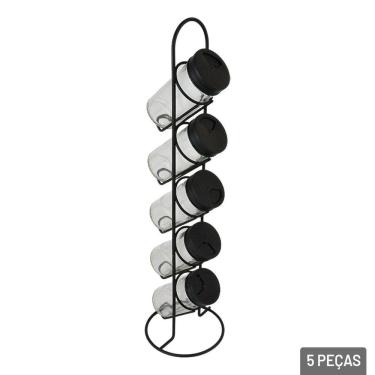 Imagem de Porta Condimento 5 Pçs Vidro Suporte Metal Torre - Tudo em Caixa