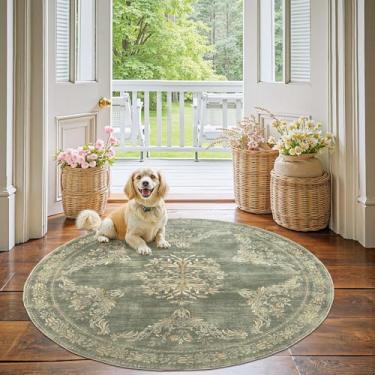 Imagem de jinchan Tapete redondo de 1,5 m, design vintage floral, envelhecido, lavável à máquina, macio, antiderrapante, tapete circular ultrafino para entrada, sala de estar, sala de jantar, quarto (1,5 m
