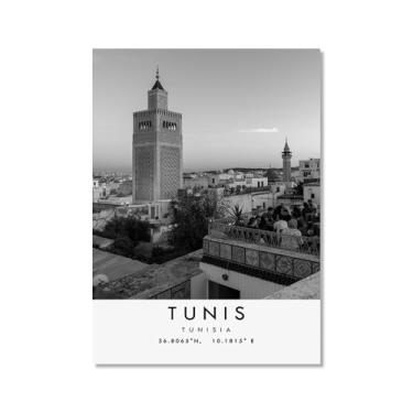 Imagem de Pôster de viagem preto e branco impressão paisagem da cidade do mundo pintura em tela Tunis Wall Art Picture Decoração de casa (20 x 28 polegadas (50 x 70 cm), sem moldura)