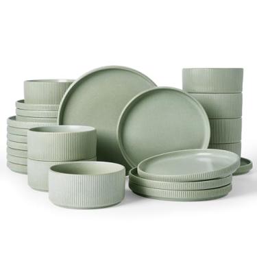 Imagem de Famiware Star Conjunto de louça, pratos e tigelas para 8 (24 peças), pratos de grés canelados, resistente a lascas e arranhões, seguro para micro-ondas e lava-louças, verde sálvia fosco