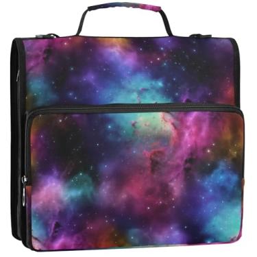 Imagem de Organizador de fichário com zíper e nuvens cósmicas coloridas da Space Nebula de 3 cm 3 anéis, bolsa de fichários escolares resistentes com alça de ombro, portfólio e estojo para pasta de anel, 34,5 x