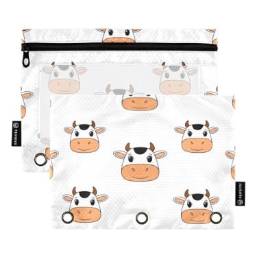 Imagem de GAIGEO Estojo floral com 3 anéis para fichário, lindos desenhos animados, rostos de vaca, canetas brancas com zíper, bolsos transparentes para fichários escolares, floral, 25 x 18 cm, 2 pacotes