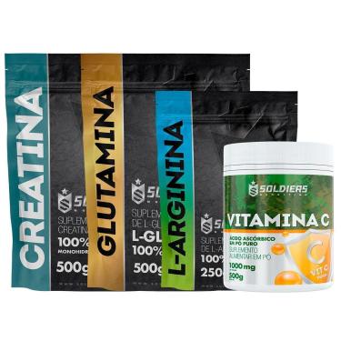 Imagem de Kit: Arginina 250g + Vitamina C Em Pó 500g + Glutamina 500g + Creatina 500g - 100% Pura Soldiers-Unissex