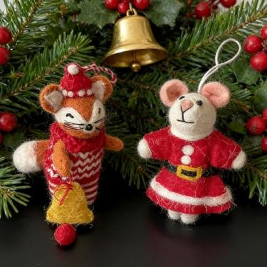 Imagem de Natal feltro lã animal artesanato floresta linda árvore de Natal decoração para suprimentos de festa em casa e suprimentos de interiores de carro (2 peças: ratos vermelhos + raposa)