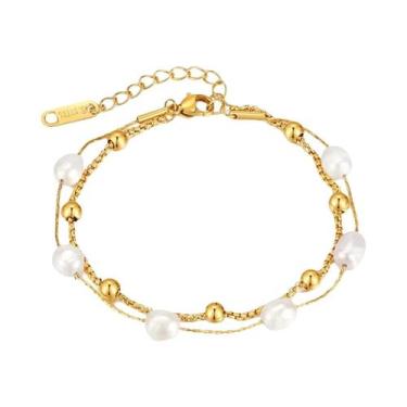 Imagem de Pulseira De Pérolas De Luxo Feminina Com Dupla Camada Em Aço Inoxidáve