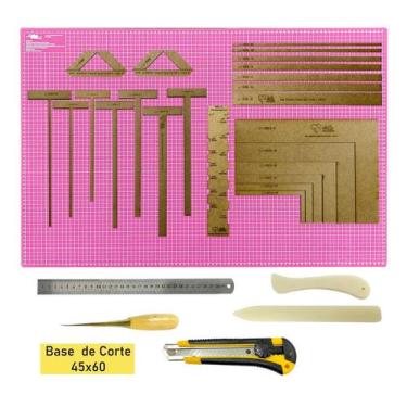 Imagem de Base de Corte A2 60x45 Rosa Régua de Inox 30cm Estilete Kit Gabaritos 