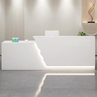 Imagem de Mesa de recepção moderna com gaveta trancável e bandeja de teclado, mesa de balcão frontal para loja de varejo, balcão de caixa elegante (branco, 140 x 60 x 100 cm)