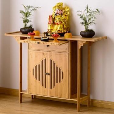 Imagem de Armário de altar budista de bambu, mesa de meditação de 140 cm com armazenamento, mesa de oferta chinesa simples para casa, elegante nicho de Buda, perfeita para práticas espirituais