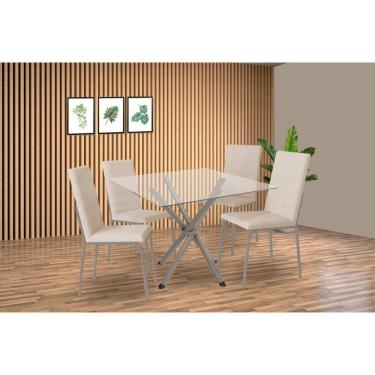 Imagem de Conjunto: Mesa Sala Jantar Volga C- Tampo De Vidro 90cm E 4 Cadeiras Amsterdã Niquel - Courano Bege - Kappesberg