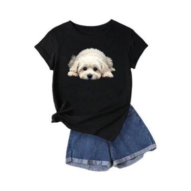 Imagem de Camiseta Casual Feminina Verde Vibrante Com Estampa De Cachorro Maltês