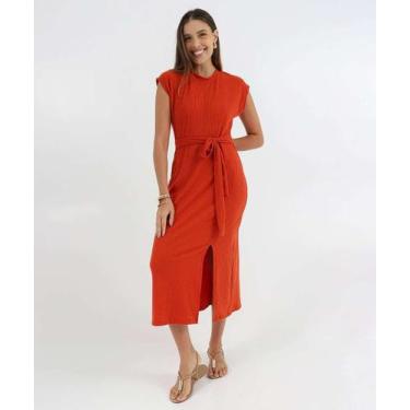 Imagem de Vestido Feminino Canelado Midi Fenda Marisa Laranja-27033, Laranja, GG
