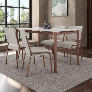 Imagem de Mesa de Jantar Alexa com 4 Cadeiras Dora 4 Lugares Tampo em Vidro com Assentos em Corino Off White 140X80CM