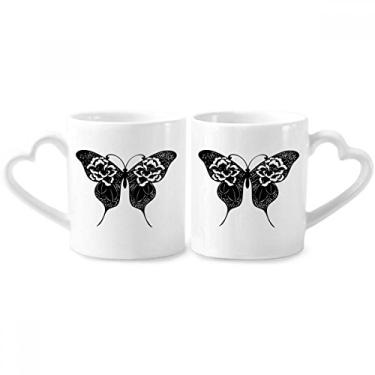 Imagem de Conjunto de canecas de porcelana para casal, borboleta com asas de rosa, coração e coração