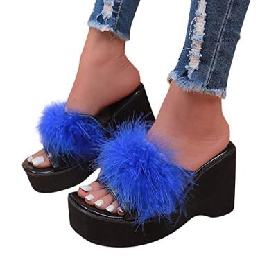 Imagem de Sandálias de cunha femininas moda primavera e verão sandálias femininas salto alto fofo cor sólida bico aberto confortável estilo sexy sandálias (azul, 35)