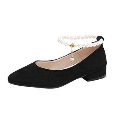 Imagem de Sandálias de salto para mulheres verão novo bico fino salto baixo Mary Jane sapatos vintage francesa pérola plana fada sapatos (preto, 38)