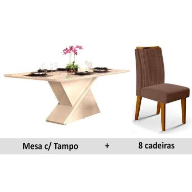 Imagem de Conjunto: Mesa Sala Jantar Zafira Madeirado c/ Vidro 200cm + 8 Cadeiras Ísis Ipê/OW/Moca - DJ Móveis