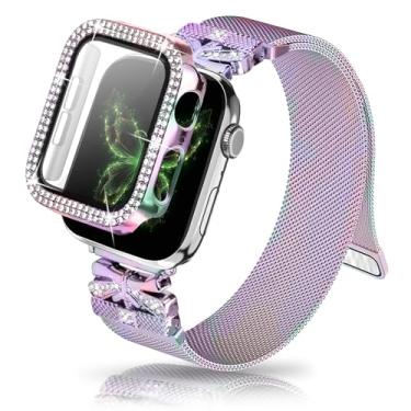 Imagem de Youthrun Pulseira magnética feminina compatível com Apple Watch de 38 mm, 40 mm, 41 mm, 42 mm, 44 mm, 45 mm, pulseira de aço inoxidável milanesa com capa protetora brilhante, pulseira de metal elegante de substituição para iWatch (arco-íris de 41 mm)