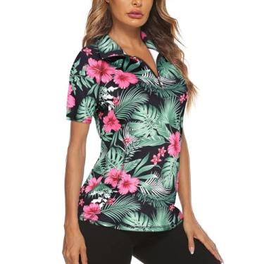 Imagem de Koscacy Camisa polo feminina com zíper e manga curta, secagem rápida, golfe, tênis (P-2GG), Verde tropical, GG