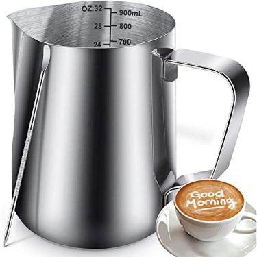 Imagem de Jarro de espuma de leite, jarro de espumante de leite, copo de café expresso com medida dentro de 900 ml, copo de creme de aço inoxidável com caneta latte art para fazer café, cappuccino, máquina de chocolate quente